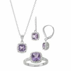 Best Pirce ⭐ Unbranded Sterling Silver Amethyst & Lab-Created White Sapphire Halo Jewelry Set 🔔