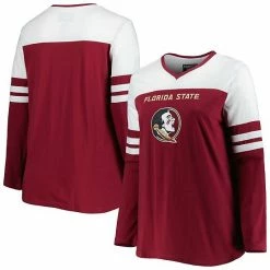 Wholesale 💯 Unbranded 👩 Women's Garnet Florida State Seminoles Plus Size Long Sleeve Stripe V-Neck T-Shirt 😀