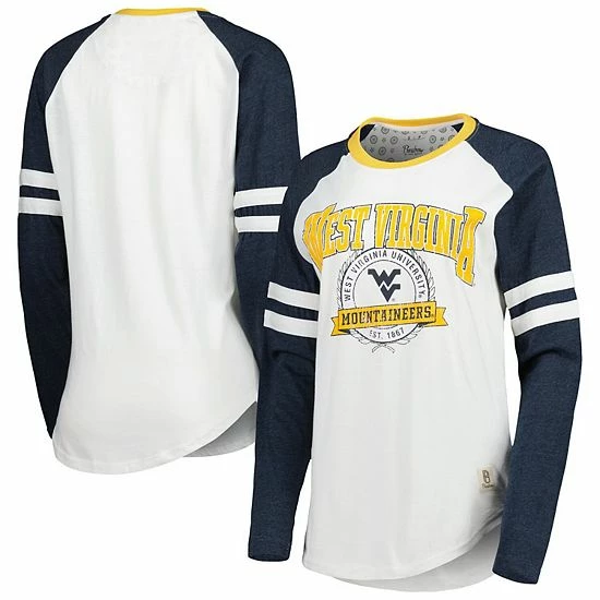 Deals 🔔 Unbranded 👩 Women's Pressbox White/Navy West Virginia Mountaineers Brooking Sleeve Stripe Raglan Long Sleeve T-Shirt ✨ - Image 2