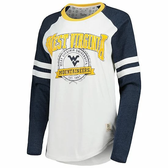 Deals 🔔 Unbranded 👩 Women's Pressbox White/Navy West Virginia Mountaineers Brooking Sleeve Stripe Raglan Long Sleeve T-Shirt ✨ - Image 3