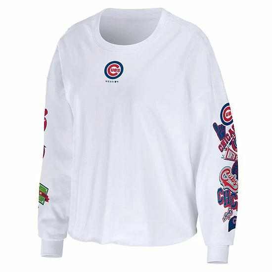 Coupon 😀 Unbranded 👩 Women's WEAR By Erin Andrews White Chicago Cubs Celebration Cropped Long Sleeve T-Shirt 🛒 - Image 3