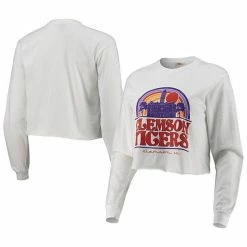 Promo 🌟 Unbranded 👩 Women's White Clemson Tigers Retro Campus Crop Long Sleeve T-Shirt 🧨