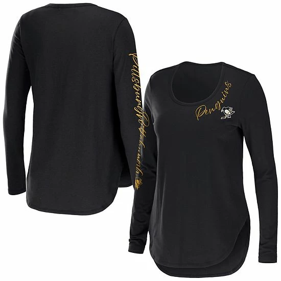 Wholesale 😀 Unbranded 👩 Women's WEAR By Erin Andrews Black Pittsburgh Penguins Team Scoop Neck Long Sleeve T-Shirt 🤩