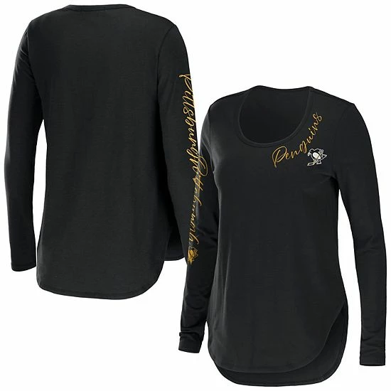 Wholesale 😀 Unbranded 👩 Women's WEAR By Erin Andrews Black Pittsburgh Penguins Team Scoop Neck Long Sleeve T-Shirt 🤩 - Image 2