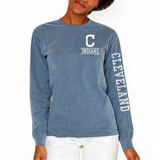 New ๐ Unbranded ๐ฉ Women's Soft As A Grape Navy Cleveland Indians Pigment Dye Long Sleeve T-Shirt โจ - Image 5
