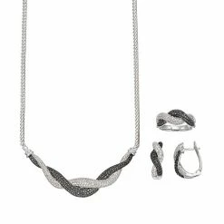 Hot Sale 🧨 Unbranded 1/2 Carat T.W. Black & White Diamond Rhodium-Plated Twist Necklace, U-Hoop Earring & Ring Set ⌛