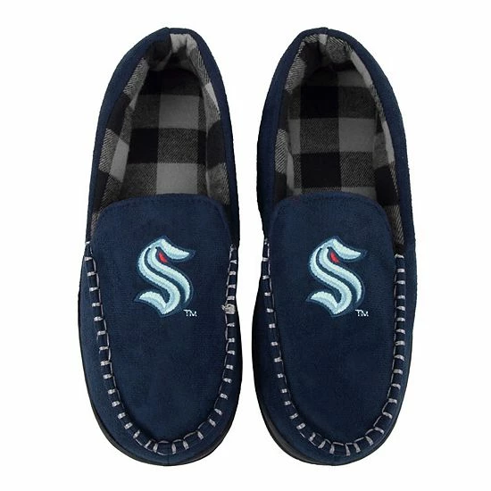 Flash Sale ❤️ Unbranded Men's FOCO Seattle Kraken Team Logo Flannel Moccasin Slippers 😉