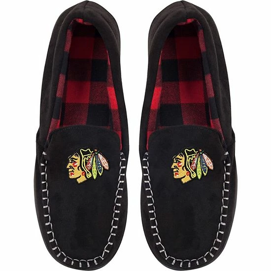 Deals ๐ Unbranded Men's FOCO Chicago Blackhawks Team Logo Flannel Moccasin Slippers ๐งจ