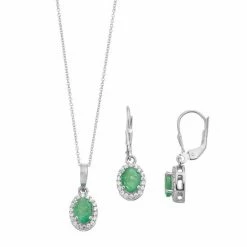 Outlet 😍 Unbranded Sterling Silver Emerald Oval Halo Drop Earring & Pendant Necklace Set 🌟
