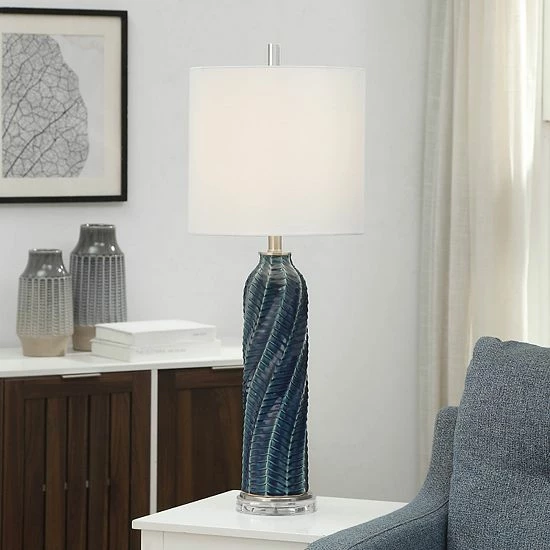 Buy 🥰 Unbranded Cylindrical Table Lamp With Diagonal Texture & Acrylic Base Blue 👏 - Image 2