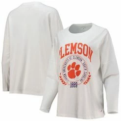 Hot Sale ⭐ Unbranded 👩 Women's League Collegiate Wear White Clemson Tigers Clothesline Oversized Long Sleeve T-Shirt 😍