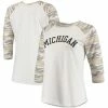 Promo 🔥 Unbranded 👩 Women's White/Camo Michigan Wolverines Boyfriend ⚾ Baseball Raglan 3/4 Sleeve T-Shirt 🎁
