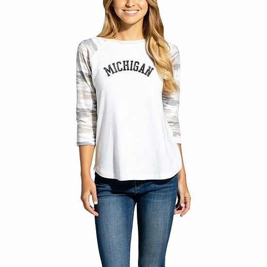 Promo 🔥 Unbranded 👩 Women's White/Camo Michigan Wolverines Boyfriend ⚾ Baseball Raglan 3/4 Sleeve T-Shirt 🎁 - Image 4