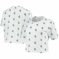 New 👏 Unbranded 👩 Women's White Michigan State Spartans Cropped Allover Print T-Shirt 👏