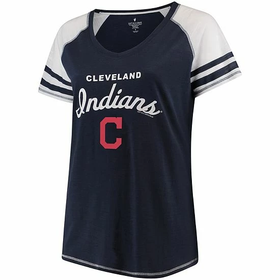 Wholesale 🎉 Unbranded 👩 Women's Soft As A Grape Navy Cleveland Indians Plus Sizes Three Out Color Blocked Raglan Sleeve T-Shirt 👍