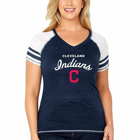 Wholesale 🎉 Unbranded 👩 Women's Soft As A Grape Navy Cleveland Indians Plus Sizes Three Out Color Blocked Raglan Sleeve T-Shirt 👍 - Image 4
