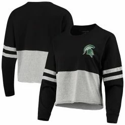 Top 10 👏 Unbranded 👩 Women's Black/Heathered Gray Michigan State Spartans Cropped Retro Jersey Long Sleeve T-Shirt ✨