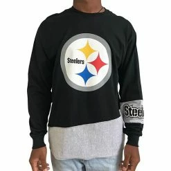 New ❤️ Unbranded Men's Refried Apparel Black/Gray Pittsburgh Steelers Sustainable Upcycled Angle Long Sleeve T-Shirt 🤩
