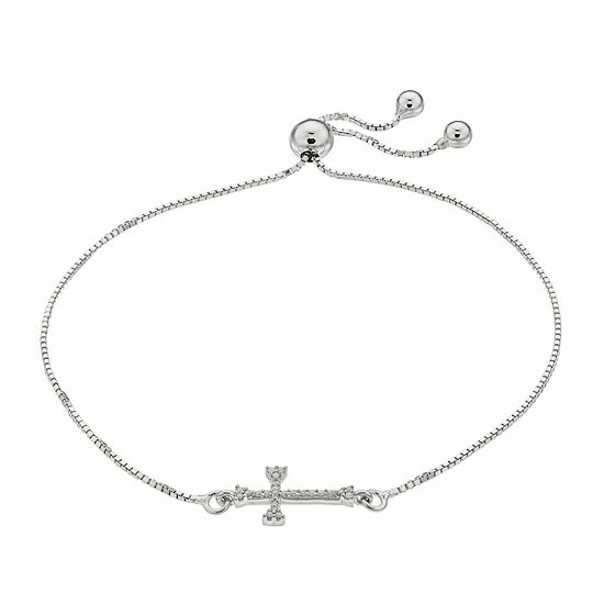 Best deal ⭐ Unbranded Sterling Silver 1/10 Carat T.W. Diamond Sideways Cross Bolo Bracelet 🤩