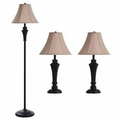 Brand new ⌛ Unbranded Floor Lamp And Table Lamp Bronze Wood Finish Geneva Taupe Fabric Shade Set Of 3: 2 Table, 1 Floor 😉