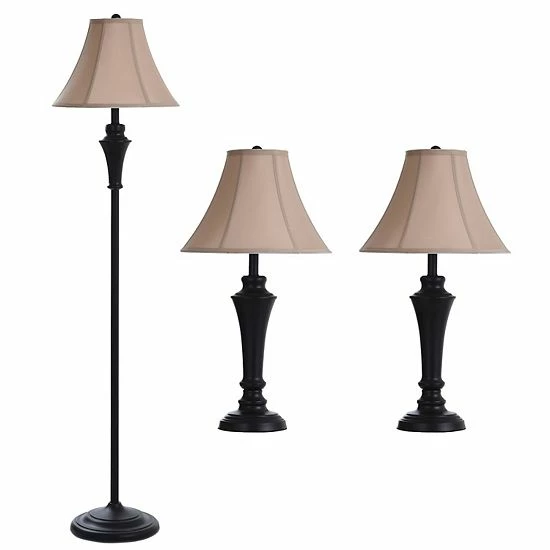 Brand new โ Unbranded Floor Lamp And Table Lamp Bronze Wood Finish Geneva Taupe Fabric Shade Set Of 3: 2 Table, 1 Floor ๐