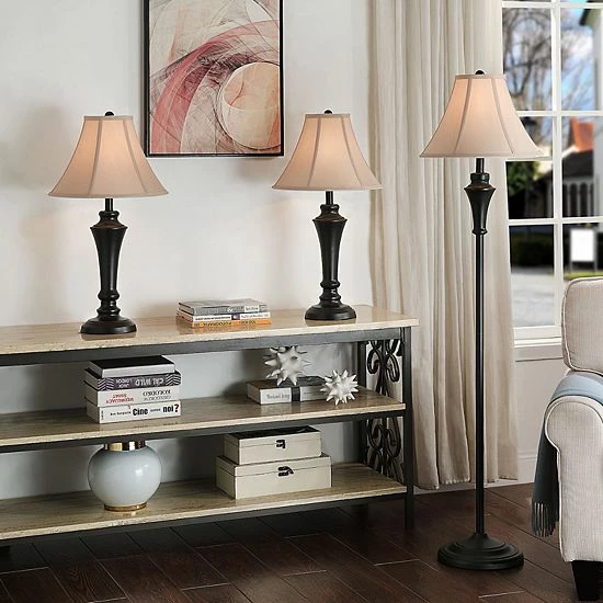 Brand new โ Unbranded Floor Lamp And Table Lamp Bronze Wood Finish Geneva Taupe Fabric Shade Set Of 3: 2 Table, 1 Floor ๐ - Image 2