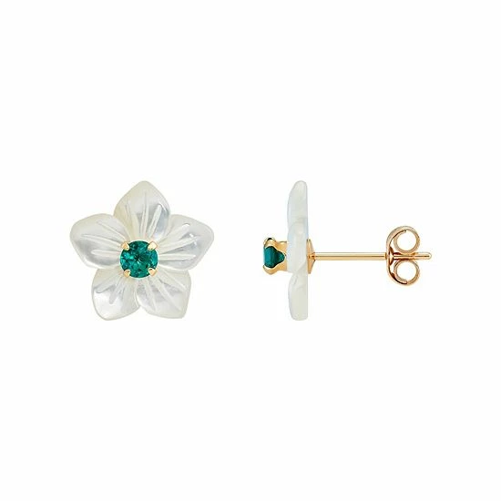 Coupon 👏 Unbranded 10k Gold 👩 Mother-of-Pearl & Lab-Created Emerald Flower Stud Earrings 👏
