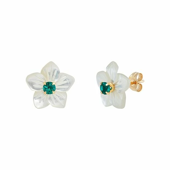 Coupon 👏 Unbranded 10k Gold 👩 Mother-of-Pearl & Lab-Created Emerald Flower Stud Earrings 👏 - Image 2