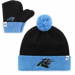 Discount ❤️ Unbranded Infant '47 Black/Blue Carolina Panthers Bam Bam Cuffed Knit Hat With Pom And Mittens Set 🔔