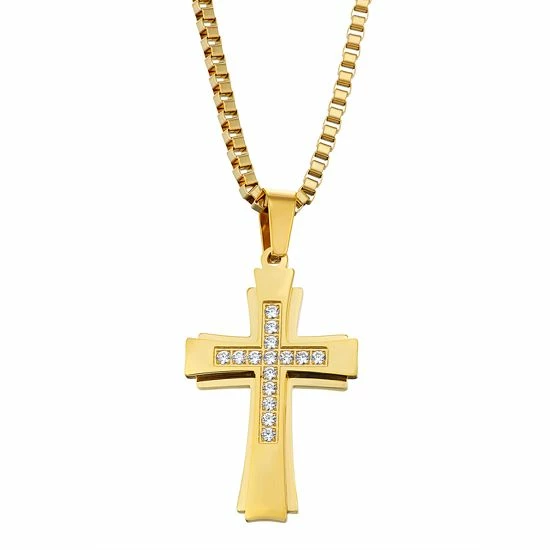 Budget 🛒 Unbranded Men's Gold Tone Stainless Steel Cubic Zirconia Cross Pendant Necklace 😉