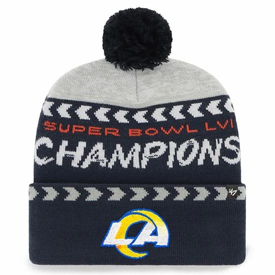 Wholesale 👍 Unbranded Men's '47 Gray/Navy Los Angeles Rams Super Bowl LVI Champions Clapboard Cuffed Pom Knit Hat 👏 - Image 2