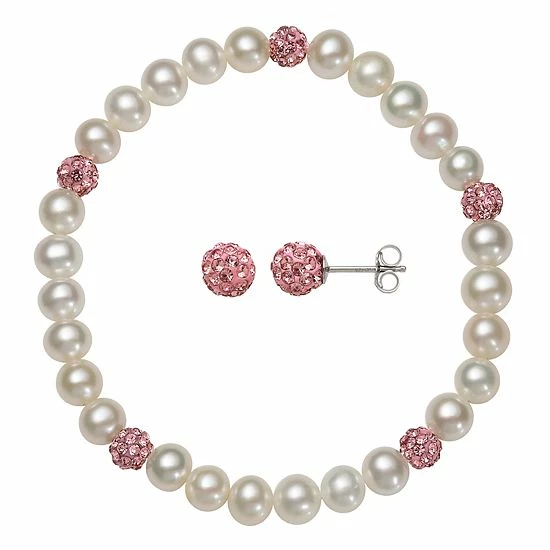 Best Sale โญ Unbranded Kids' Sterling Silver Freshwater Cultured Pearl & Pink Crystal Stretch Bracelet & Stud Earring Set ๐