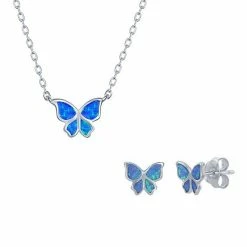 Deals 😀 Unbranded Sterling Silver Lab-Created Opal Butterfly Necklace & Earrings Set White 🧨