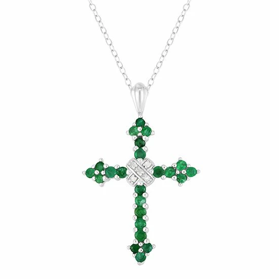 Cheapest 🔥 Unbranded Sterling Silver 9/10 Carat T.W. Gemstone & Diamond Accent Cross Pendant Necklace Emerald 👍