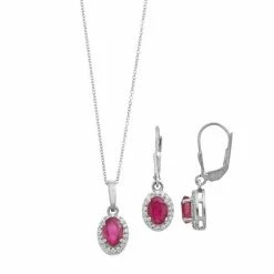 Cheap 🎉 Unbranded Sterling Silver Ruby Oval Halo Drop Earring & Pendant Necklace Set 🎉