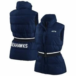 New 👏 Unbranded 👩 Women's WEAR By Erin Andrews College Navy Seattle Seahawks Full-Zip Puffer Vest With Belt 🔥