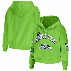 Promo 🧨 Unbranded 👩 Women's WEAR By Erin Andrews Neon Green Seattle Seahawks Plus Size Modest Cropped Pullover Hoodie 🛒