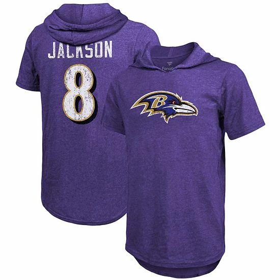 New ๐ Unbranded Men's Majestic Threads Lamar Jackson Purple Baltimore Ravens Player Name & Number Tri-Blend Hoodie T-Shirt ๐ฅ
