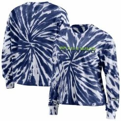 Outlet 👍 Unbranded 👩 Women's WEAR By Erin Andrews Navy Seattle Seahawks Tie-Dye Cropped Long Sleeve T-Shirt 🔥