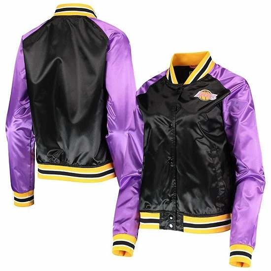 Outlet ๐งจ Unbranded ๐ฉ Women's Mitchell & Ness Black Los Angeles Lakers Hardwood Classics Raglan Satin Full-Snap Jacket ๐ - Image 2