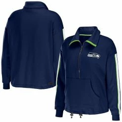 Hot Sale ✔️ Unbranded 👩 Women's WEAR By Erin Andrews College Navy Seattle Seahawks Logo Stripe Half-Zip Top 🔥