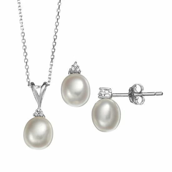 Cheapest ๐ Unbranded Freshwater Cultured Pearl & Cubic Zirconia Sterling Silver Pendant Necklace & Drop Earring Set ๐