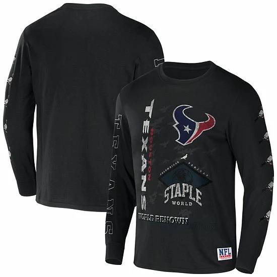 Wholesale 😀 Unbranded Men's NFL X Staple Black Houston Texans World Renowned Long Sleeve T-Shirt ⌛
