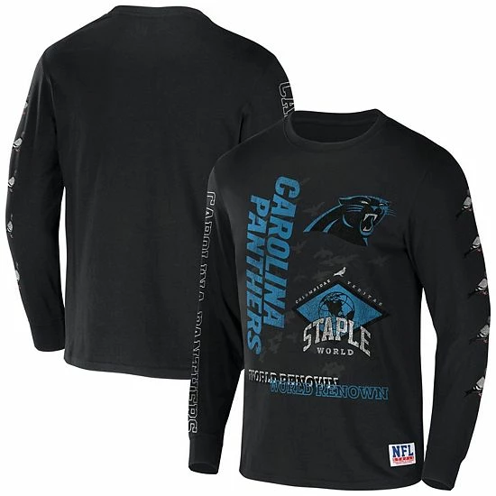 Outlet โค๏ธ Unbranded Men's NFL X Staple Black Carolina Panthers World Renowned Long Sleeve T-Shirt ๐ - Image 2