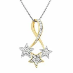Best Sale 🧨 Unbranded 1/6 Carat T.W. Diamond Sterling Silver And 18k Gold Two Tone Triple Star Pendant Necklace 🔔