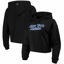 Promo ❤️ Unbranded 👩 Women's FISLL Black New York Knicks Logo Cropped Pullover Hoodie 👍