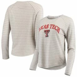 Promo 🎉 Unbranded 👩 Women's Heathered Gray Texas Tech Red Raiders Seaside Striped French Terry Raglan Pullover Sweatshirt 🛒