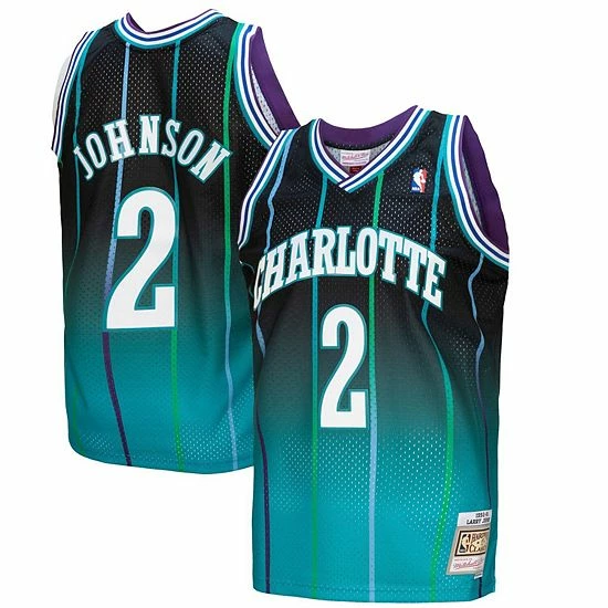 Flash Sale ❤️ Unbranded Men's Mitchell & Ness Larry Johnson Teal/Black Charlotte Hornets 1992/93 Hardwood Classics Fadeaway Swingman Player Jersey 😀