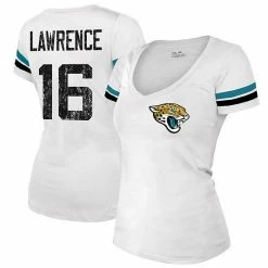 Wholesale 🧨 Unbranded 👩 Women's Majestic Threads Trevor Lawrence White Jacksonville Jaguars Name & Number V-Neck T-Shirt 🤩