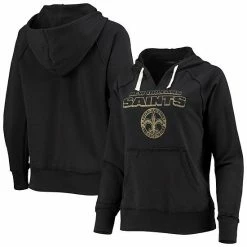 Best deal 😍 Unbranded 👩 Women's Junk Food Black New Orleans Saints Raw Edge Raglan Notch Neck Pullover Hoodie ⌛